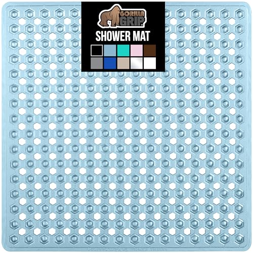 GORILLA GRIP Patented Square Shower Stall Mat, Small Bathtub Floor Mats for Stand Up Showers with Suction Cups and Drainage Holes, Machine Washable, Soft on Feet, Bathroom Accessories 21x21 Inch, Blue - Image 1