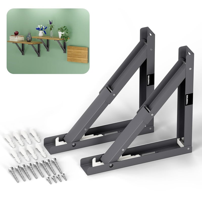 BUILDSKILL 12" Folding Shelf Bracket, 1.2mm Heavy-Duty Folding Table Bracket, Corrosion Resistant & Space-Saving Design, Brackets for Wall Shelves & Workstations, Home & Office Use (DAGrey) (Set of 2) - Image 1