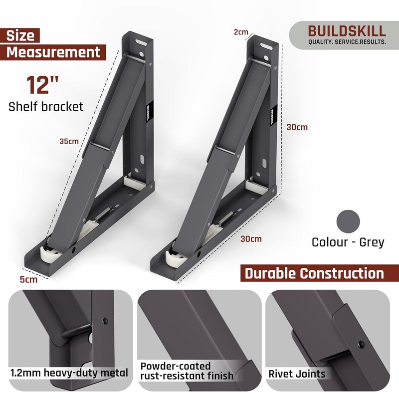 BUILDSKILL 12" Folding Shelf Bracket, 1.2mm Heavy-Duty Folding Table Bracket, Corrosion Resistant & Space-Saving Design, Brackets for Wall Shelves & Workstations, Home & Office Use (DAGrey) (Set of 2) - Image 3