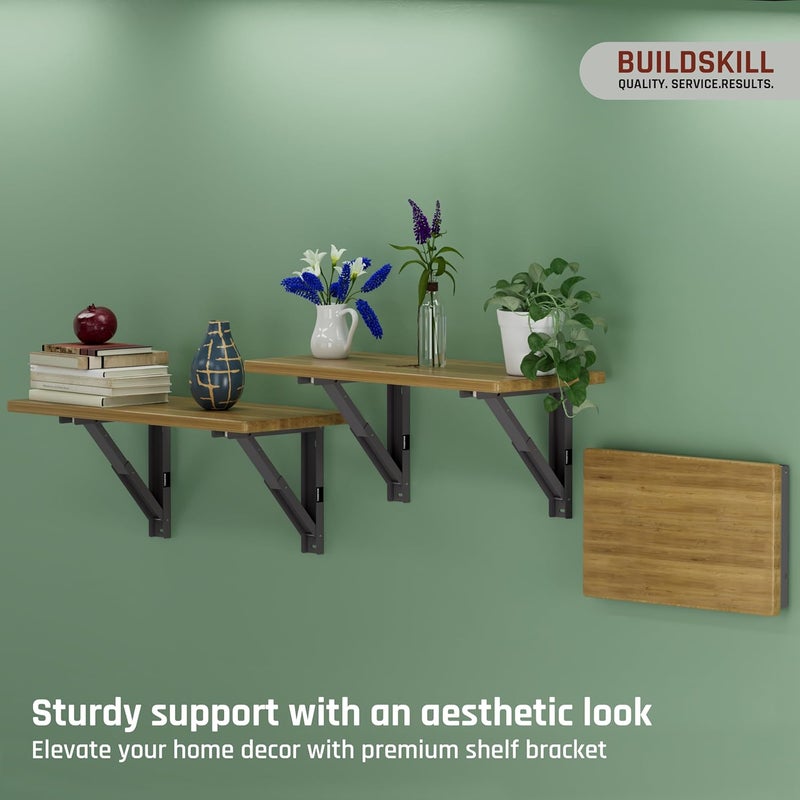 BUILDSKILL 12" Folding Shelf Bracket, 1.2mm Heavy-Duty Folding Table Bracket, Corrosion Resistant & Space-Saving Design, Brackets for Wall Shelves & Workstations, Home & Office Use (DAGrey) (Set of 2) - Image 2