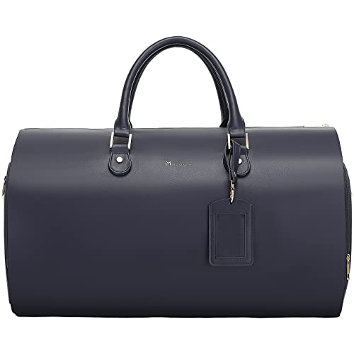 Modoker Women Convertible Leather Garment Bag with Shoulder Strap PU Leather Garment Duffel Bag Carry on 2 in 1 Hanging Suitcase Suit Travel Bags Blue