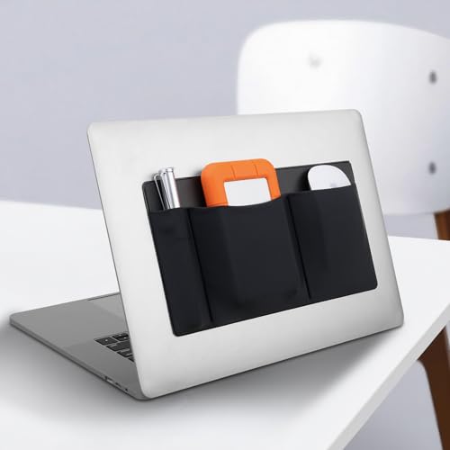 Lacdo 3-Pocket Mouse Holder for Laptop Stick on, External Hard Drive SSD Holder for Laptop, Stick on Pouch Organizer Adhesive Pocket Storage Sleeve for Mouse/HDD/SSD/Cables, Computer Accessories,Black - Image 3