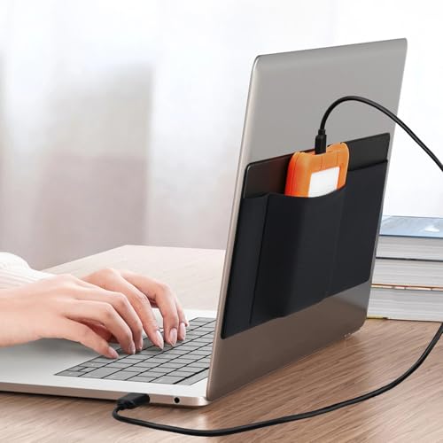 Lacdo 3-Pocket Mouse Holder for Laptop Stick on, External Hard Drive SSD Holder for Laptop, Stick on Pouch Organizer Adhesive Pocket Storage Sleeve for Mouse/HDD/SSD/Cables, Computer Accessories,Black - Image 2