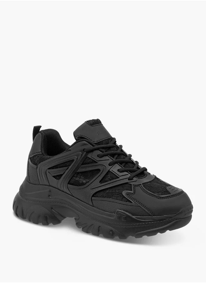 ميسي Women's Panelled Sneakers with Chunky Heels and Lace-Up Closure