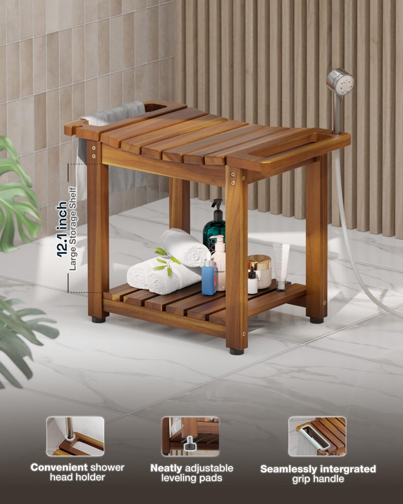BLUEWEST Shower Bench Seat with Storage Shelf, Natural Wood Shower Benches for Inside Shower to Sit on, Waterproof Bathroom Spa Bench Stool for Legs Shaving with Built-in Handle & Shower Head Holder - Image 2