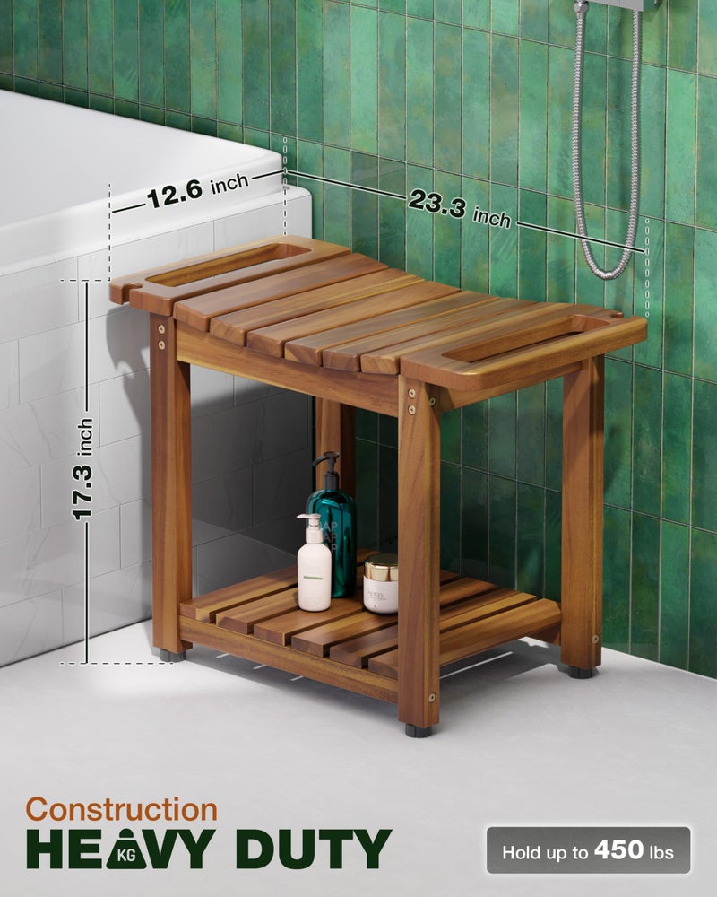 BLUEWEST Shower Bench Seat with Storage Shelf, Natural Wood Shower Benches for Inside Shower to Sit on, Waterproof Bathroom Spa Bench Stool for Legs Shaving with Built-in Handle & Shower Head Holder - Image 3