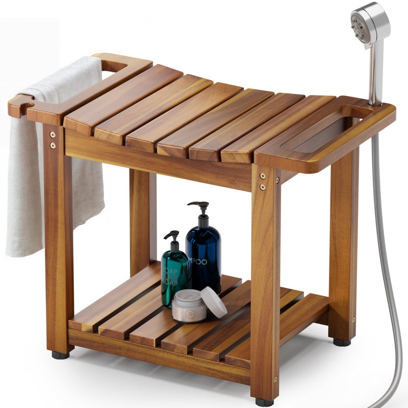BLUEWEST Shower Bench Seat with Storage Shelf, Natural Wood Shower Benches for Inside Shower to Sit on, Waterproof Bathroom Spa Bench Stool for Legs Shaving with Built-in Handle & Shower Head Holder - Image 1