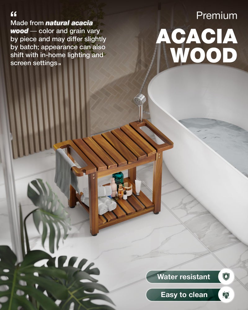 BLUEWEST Shower Bench Seat with Storage Shelf, Natural Wood Shower Benches for Inside Shower to Sit on, Waterproof Bathroom Spa Bench Stool for Legs Shaving with Built-in Handle & Shower Head Holder - Image 4