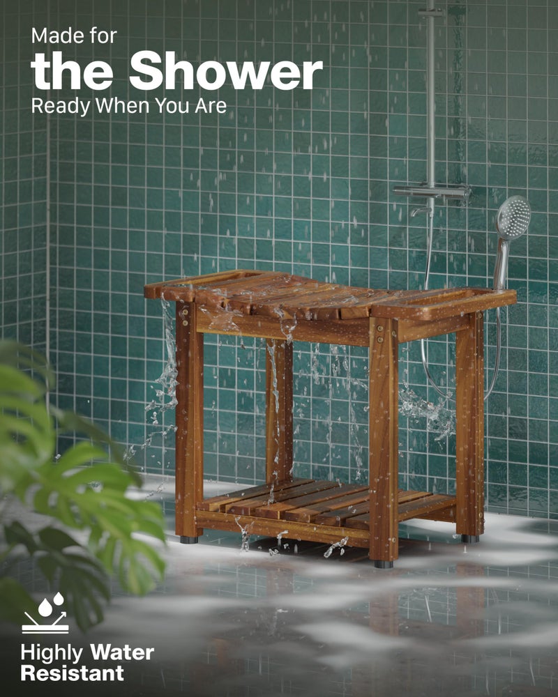 BLUEWEST Shower Bench Seat with Storage Shelf, Natural Wood Shower Benches for Inside Shower to Sit on, Waterproof Bathroom Spa Bench Stool for Legs Shaving with Built-in Handle & Shower Head Holder - Image 5