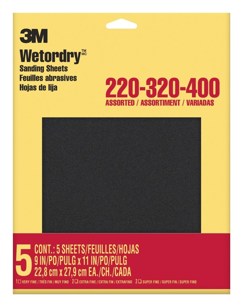 3M Wetordry Sandpaper, 5 Sheets, 9 in x 11 in, Assorted Grits (220 / 320 / 400), Use for Wet and Dry Sanding, For Sanding Between Coats of Varnish, Lacquer, Paint & Other Finishes (9088DC-NA) - Image 1