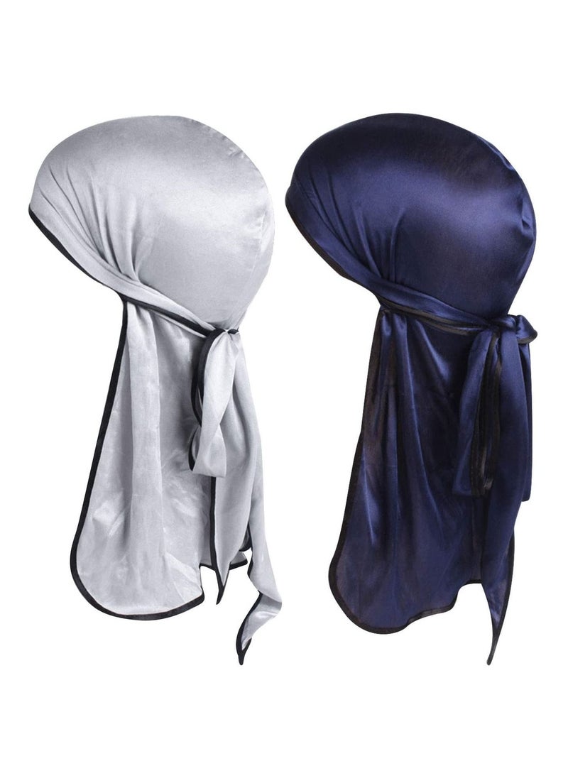 Y&D - Silky Durag Men Soft Silk Durags 360 Waves Headwraps Unisex Cap Bandana Turban Hat with Long Tails and Wide Straps for Kids Women 2 Pcs - Image 1