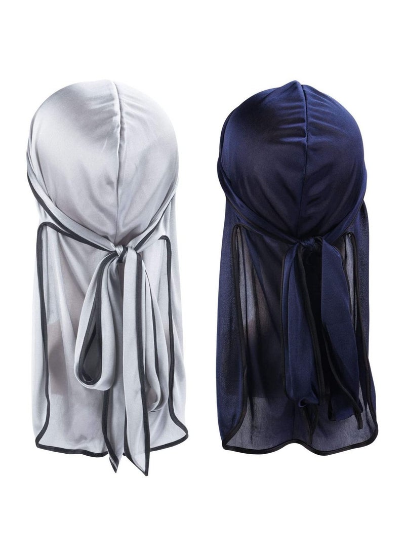 Y&D - Silky Durag Men Soft Silk Durags 360 Waves Headwraps Unisex Cap Bandana Turban Hat with Long Tails and Wide Straps for Kids Women 2 Pcs - Image 1