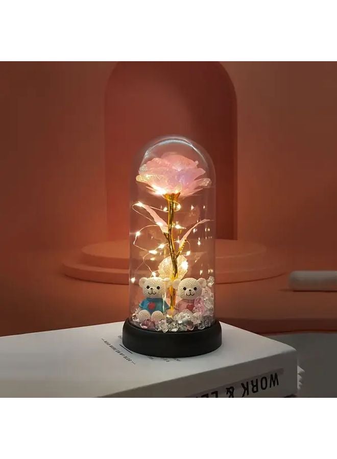 Flashing Pink Rose Diamond Crystal Flower Pot With 2 Bears Battery Powered Home Decor - Image 1