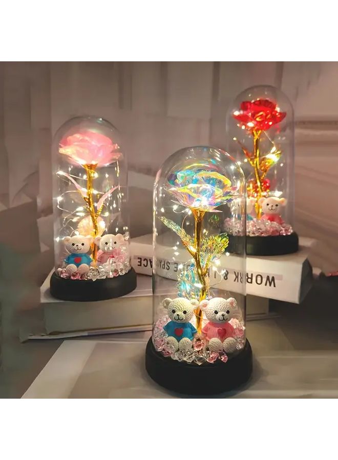 Flashing Pink Rose Diamond Crystal Flower Pot With 2 Bears Battery Powered Home Decor - Image 5