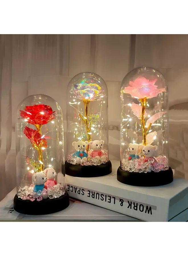 Flashing Pink Rose Diamond Crystal Flower Pot With 2 Bears Battery Powered Home Decor - Image 2