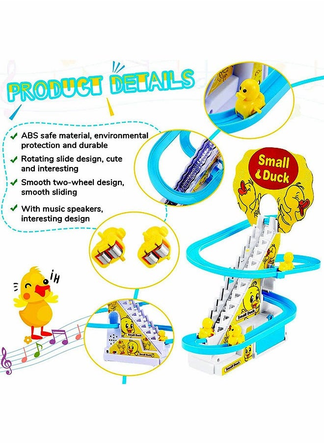 Fun Playful Yellow Duck Race Set with Flashing Lights & Music,Climb Stairs Toy Roller Coaster Toy, Jolly Duck Slide Playset