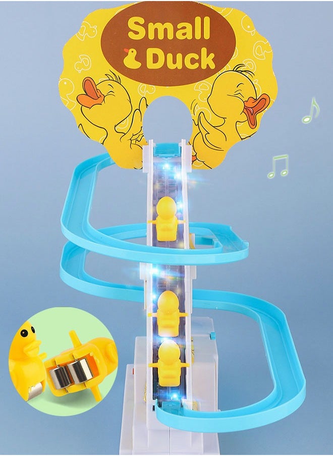 Fun Playful Yellow Duck Race Set with Flashing Lights & Music,Climb Stairs Toy Roller Coaster Toy, Jolly Duck Slide Playset