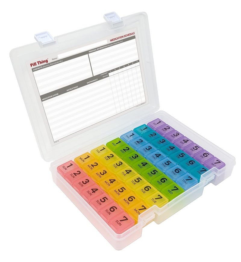 pill thing 7 Times a Day Weekly Pill Box Organizer Case, Secure 7X Pillbox with Medication Schedule, Includes Premium Lifetime Subscription to Medisafe App (7 Time-a-Day) - Image 1