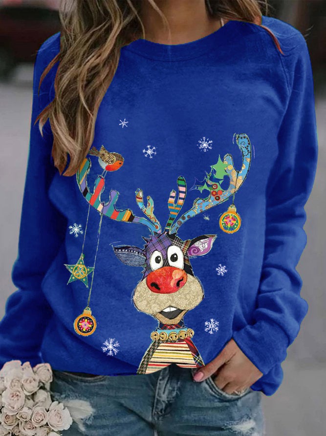 2023Wish Spring & Fall Round Neck Pullover Long-Sleeved Casual Christmas Deer Print Loose T-Shirt - Image 1