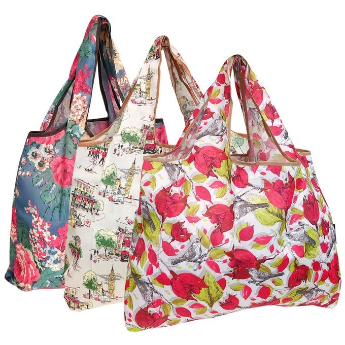 LARGE FOLDABLE TOTE NYLON REUSABLE GROCERY BAG 3 PACK ENGLISH ROSE