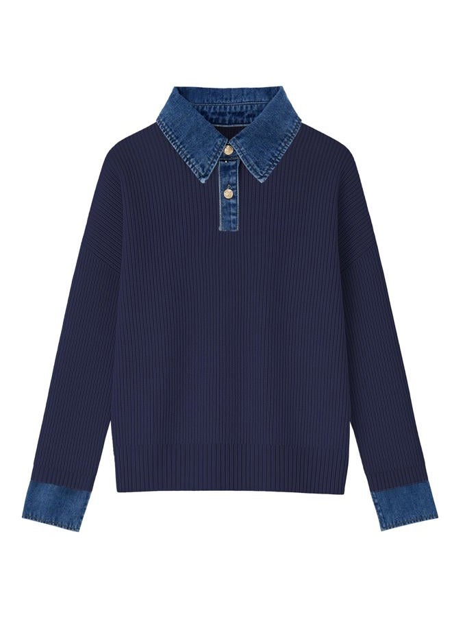 SAUKOLE Women's Sweaters Long Sleeve Denim Lapel V Neck Buttons Closure Pullover Tops Casual Winter Polo Sweater, 247#navy, S - Image 1