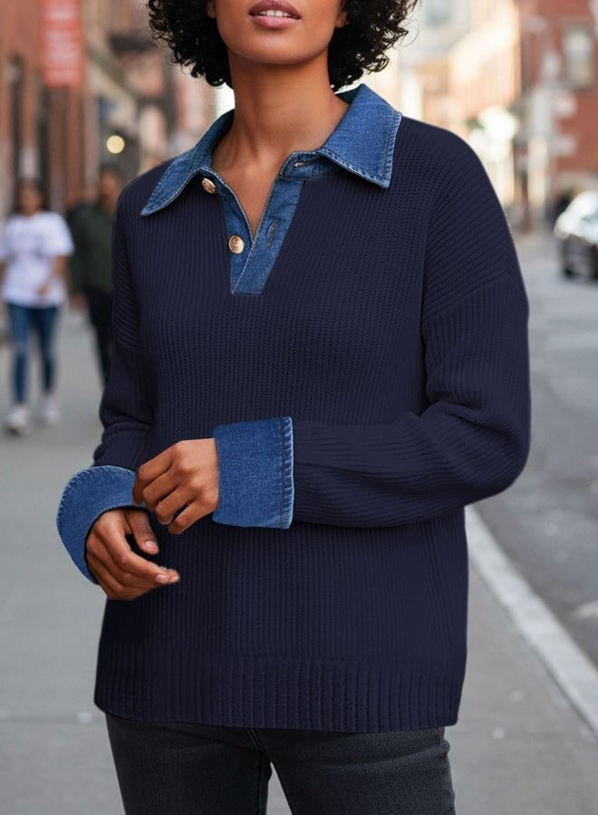 SAUKOLE Women's Sweaters Long Sleeve Denim Lapel V Neck Buttons Closure Pullover Tops Casual Winter Polo Sweater, 247#navy, S - Image 4