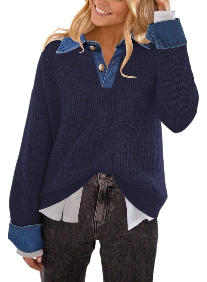 SAUKOLE Women's Sweaters Long Sleeve Denim Lapel V Neck Buttons Closure Pullover Tops Casual Winter Polo Sweater, 247#navy, S - Image 2