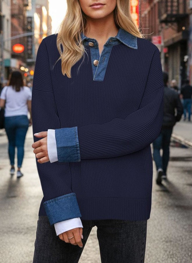 SAUKOLE Women's Sweaters Long Sleeve Denim Lapel V Neck Buttons Closure Pullover Tops Casual Winter Polo Sweater, 247#navy, S - Image 3