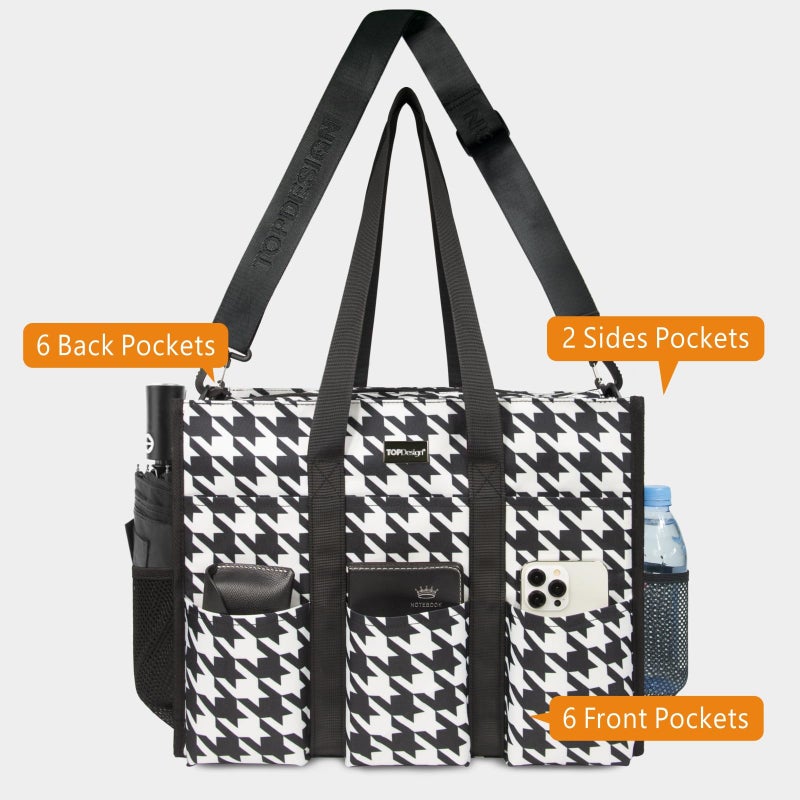 TOPDesign Utility Water Resistant Tote Bag with 22 Exterior & Interior Pockets, Top Zipper Closure & Thick Bottom Support, Perfect Gifts for Working Women, Teachers, Nurses, Accountants (Houndstooth) - Image 4