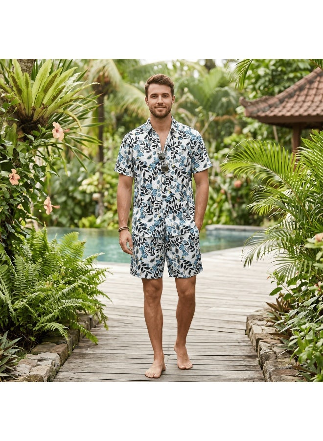 IceZone Men's 2 Piece Matching Set, Bloom Bay Botanical Print, Short Sleeve Button Up Shirt & Quick Dry Swim Shorts, Summer Beach Outfit - Image 1