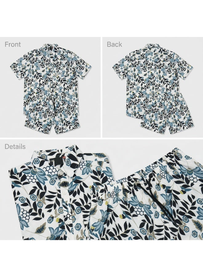 IceZone Men's 2 Piece Matching Set, Bloom Bay Botanical Print, Short Sleeve Button Up Shirt & Quick Dry Swim Shorts, Summer Beach Outfit - Image 3