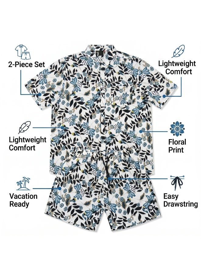 IceZone Men's 2 Piece Matching Set, Bloom Bay Botanical Print, Short Sleeve Button Up Shirt & Quick Dry Swim Shorts, Summer Beach Outfit - Image 2