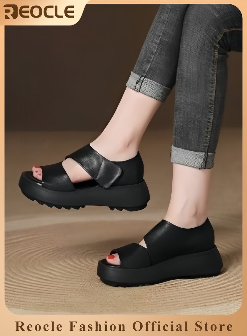 REOCLE Women's Platform Wedge Sandals Open Toe Espadrilles Ankle Strap Buckle Faux Leather  Summer Sandals - Image 1