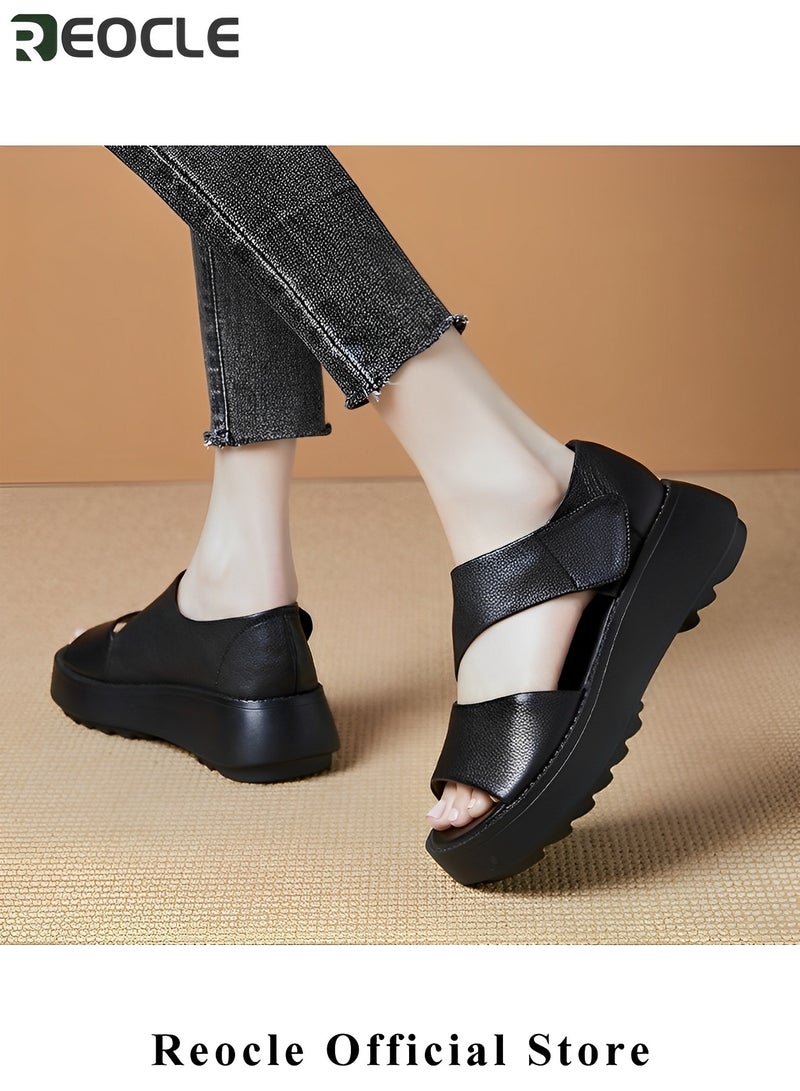 REOCLE Women's Platform Wedge Sandals Open Toe Espadrilles Ankle Strap Buckle Faux Leather  Summer Sandals - Image 2