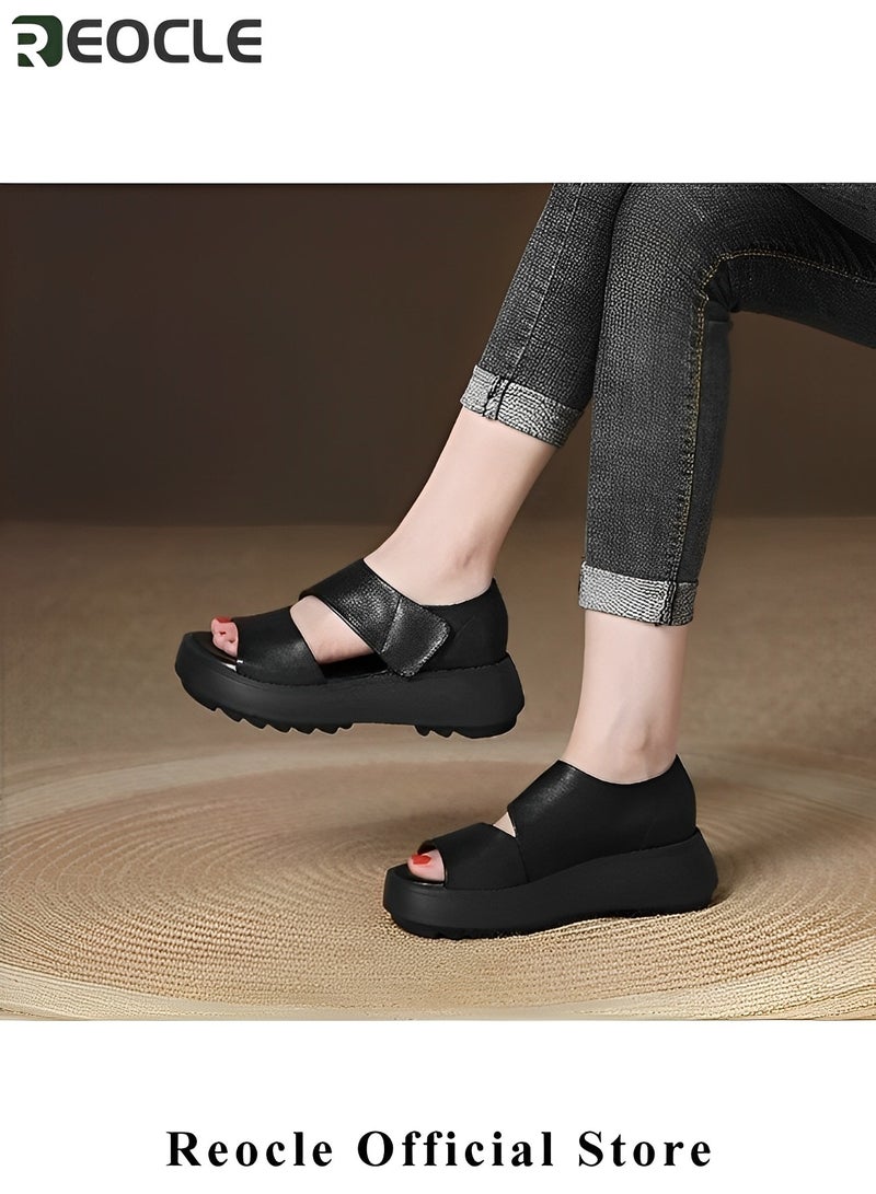 REOCLE Women's Platform Wedge Sandals Open Toe Espadrilles Ankle Strap Buckle Faux Leather  Summer Sandals - Image 3