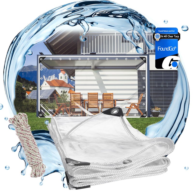FoundGo Clear PVC Vinyl Tarp  8x10  14 Mil Thickness  Transparent Polytarp with Metal Grommets  Waterproof UV  Tear Resistant  Ideal for Protection Against Cold Weather  Elements