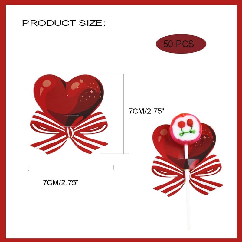 HANSAMU Heart Lollipop Paper Card Decorations for Valentines Day Candy Card Holder for Candy SugarLoaf Candy Gift Package Wrapping Dcor Red Heart Bow Design Lollipop Holder Supplies 50 Pcs - Image 2