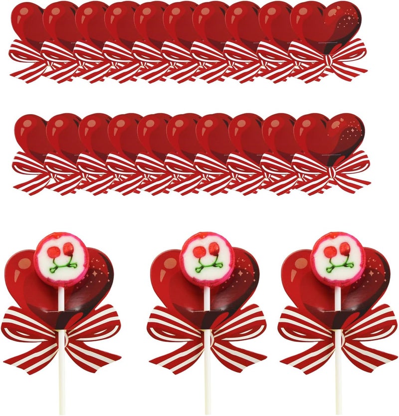 HANSAMU Heart Lollipop Paper Card Decorations for Valentines Day Candy Card Holder for Candy SugarLoaf Candy Gift Package Wrapping Dcor Red Heart Bow Design Lollipop Holder Supplies 50 Pcs - Image 1