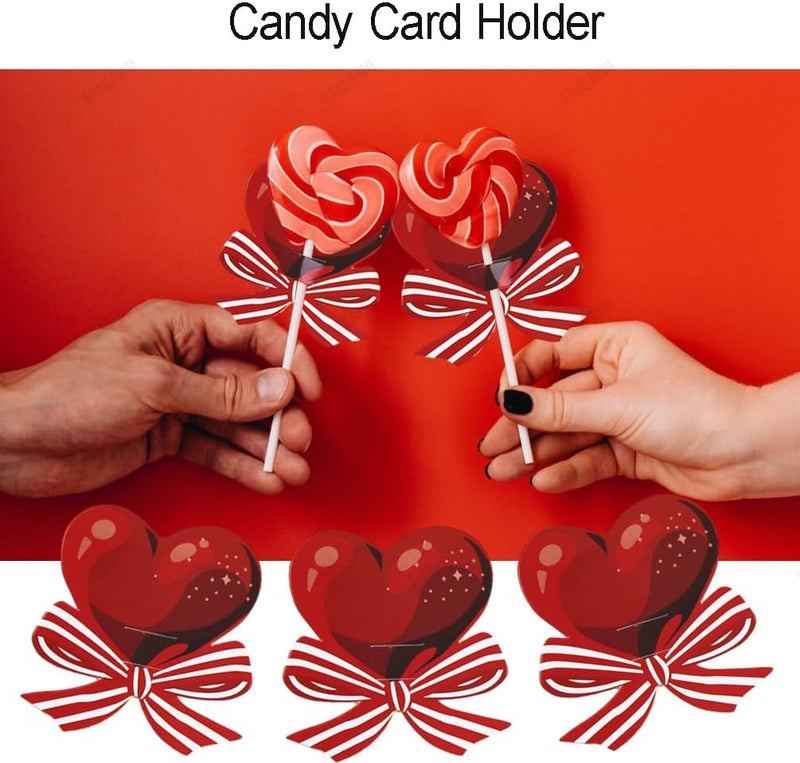 HANSAMU Heart Lollipop Paper Card Decorations for Valentines Day Candy Card Holder for Candy SugarLoaf Candy Gift Package Wrapping Dcor Red Heart Bow Design Lollipop Holder Supplies 50 Pcs - Image 4