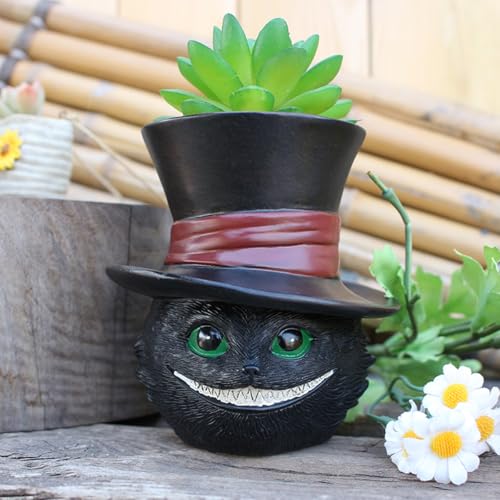 Picvelno Unique Black Cat Head Little Planter Pot Cute Succulent Indoor Flower Pot Funny Novelty Resin Plant Flowerpot with Drain Hole Cat Pen Brushes Holder Lovely Desk Room Home Decor - Image 3