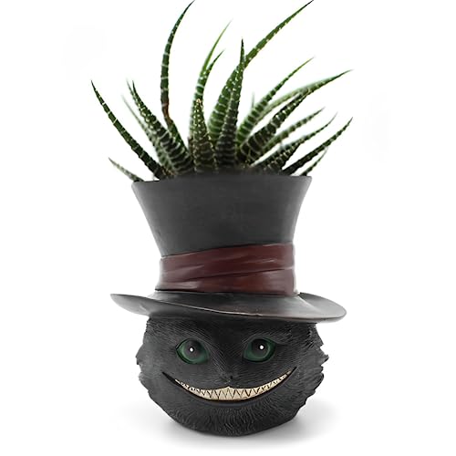 Picvelno Unique Black Cat Head Little Planter Pot Cute Succulent Indoor Flower Pot Funny Novelty Resin Plant Flowerpot with Drain Hole Cat Pen Brushes Holder Lovely Desk Room Home Decor - Image 1