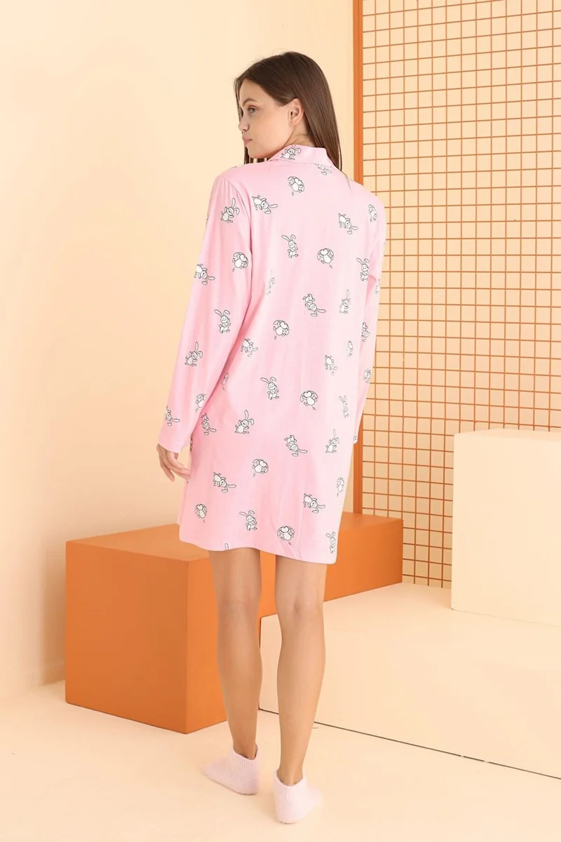 ان بي بي Women's Buttoned Pink Cotton Rabbit Long Sleeve Home Wear Dress Nightgown