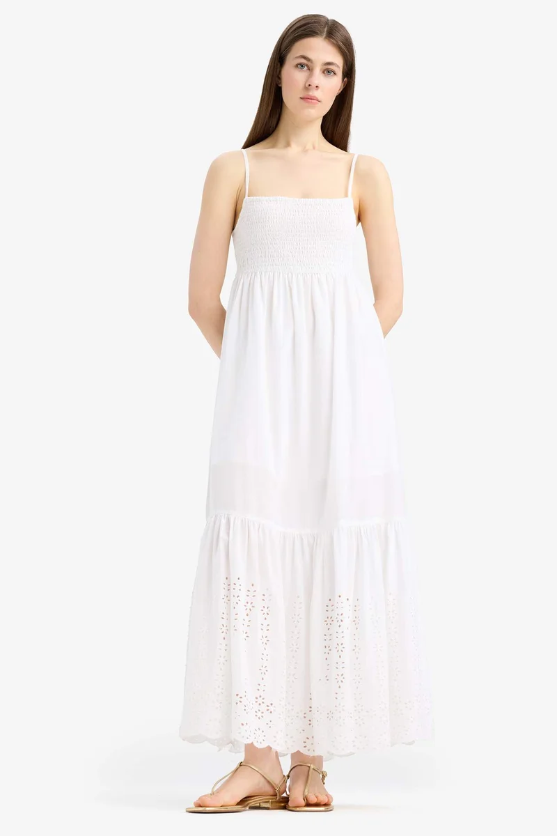 ديفاكتو Elastic Collar Cotton Strappy White Maxi Dress