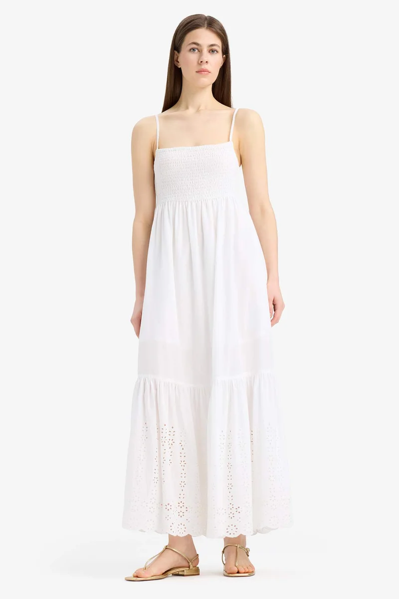 ديفاكتو Elastic Collar Cotton Strappy White Maxi Dress