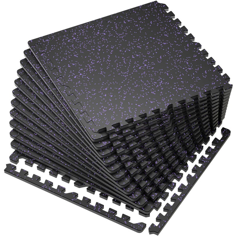 SUPERJARE 0.56'' Thick 12 Pcs 48 Sq Ft Rubber Top Exercise Equipment Mats, High Density EVA Foam Mats with Rubber Top, Interlocking Gym Flooring for Home Gym, Protective Workout Mat, Black/Purple - Image 1