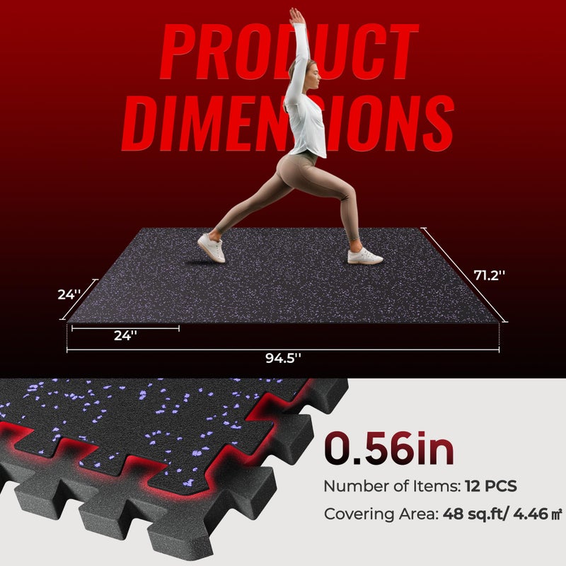 SUPERJARE 0.56'' Thick 12 Pcs 48 Sq Ft Rubber Top Exercise Equipment Mats, High Density EVA Foam Mats with Rubber Top, Interlocking Gym Flooring for Home Gym, Protective Workout Mat, Black/Purple - Image 3
