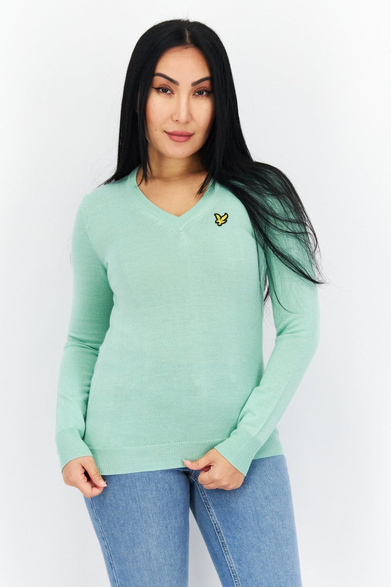 Lyle & Scott Women V-Neck Brand Logo Sweaters, Light Green - Image 1
