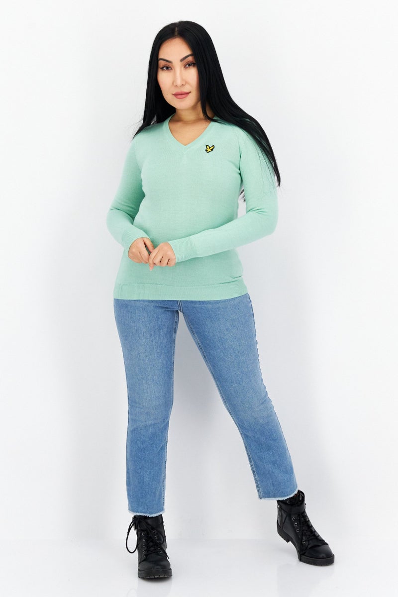 Lyle & Scott Women V-Neck Brand Logo Sweaters, Light Green - Image 2