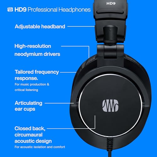 Presonus سماعات رأس احترافية PreSonus HD9 للمراقبة — معالجة طاقة عالية، تصميم مغلق، تصميم صوتي دائري لسماعات تسجيل الاستوديو للمزج والمراقبة الاحترافية - Image 3