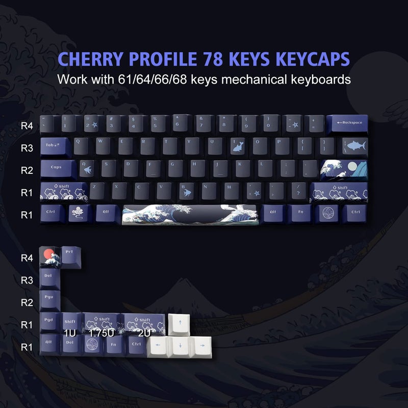 SDYZ XVX PBT Keycaps - Great Wave of Kanagawa Japanese Design, Dye-Sub Custom Keycaps Set, Cherry Profile for 61/64/66/68 Cherry/Gateron MX Switches, 78 Key Set - Image 2